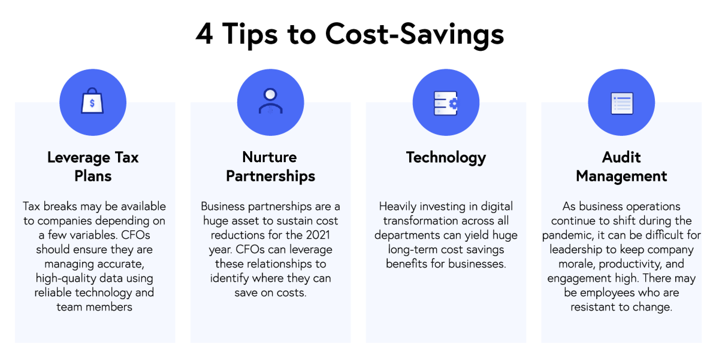 4 Tips to Cost-Savings: Leverage tax plans, Nurture Partnerships, Technology, Audit management=