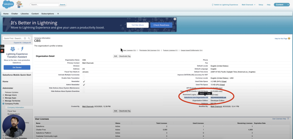 highlighting the organization id in salesforce classic from the company information section