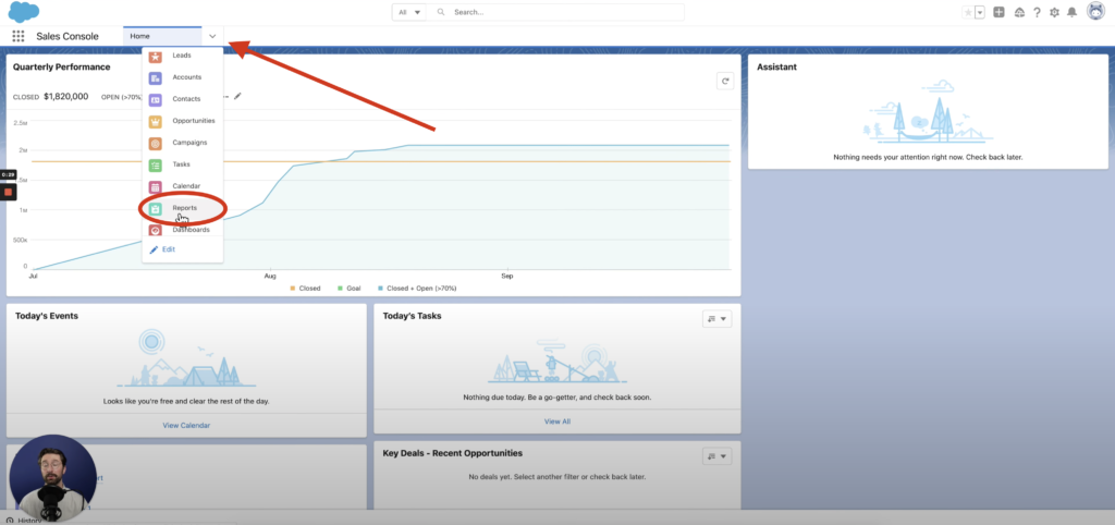 from the salesforce lightning experience homepage, navigate to the reports tab in the sales console dashboard