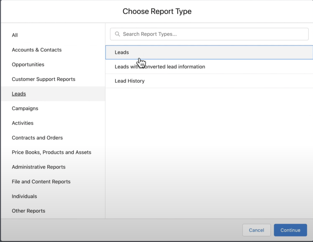 choosing the type of report in salesforce lightning experience 