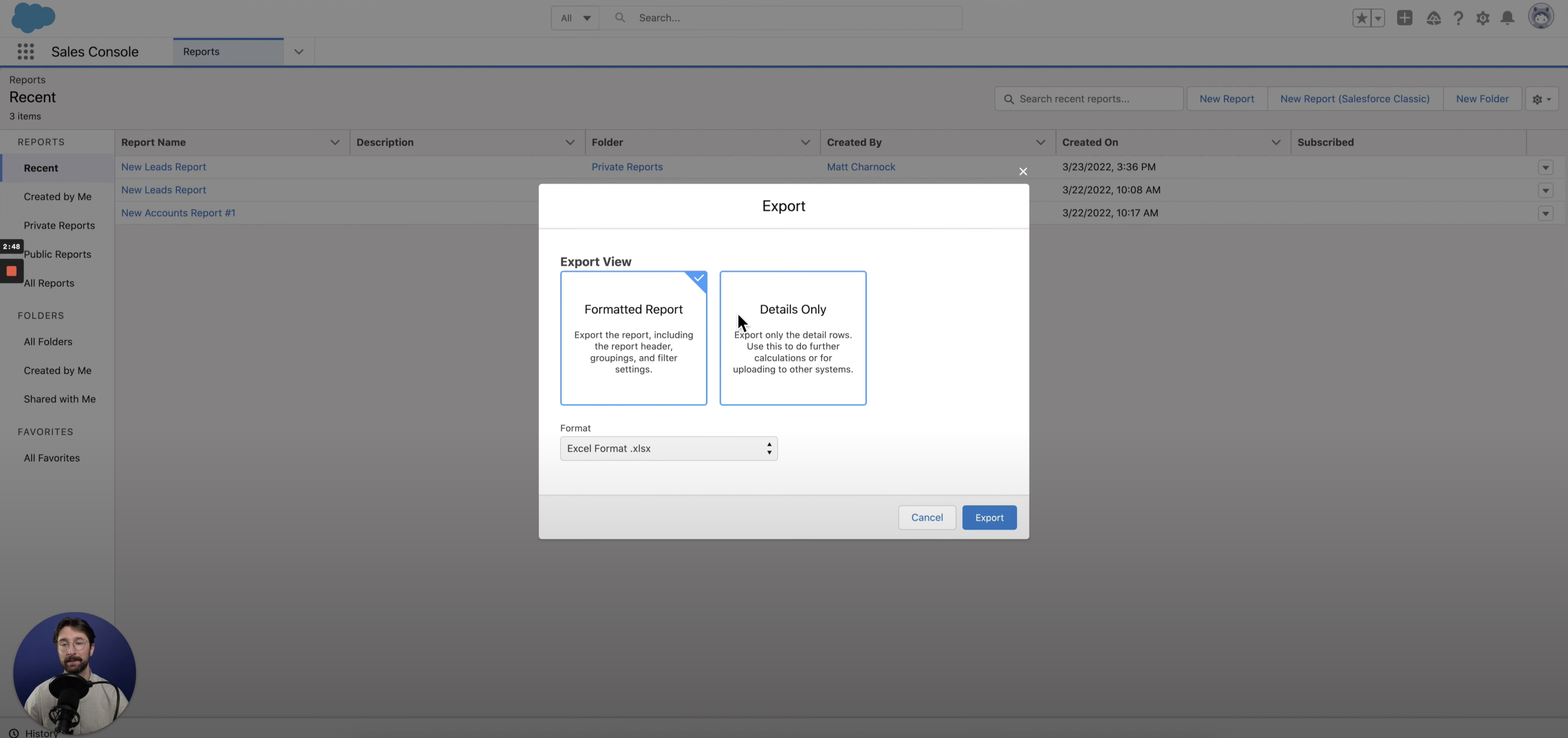select the type of export view you want for you report in salesforce lightning experience 