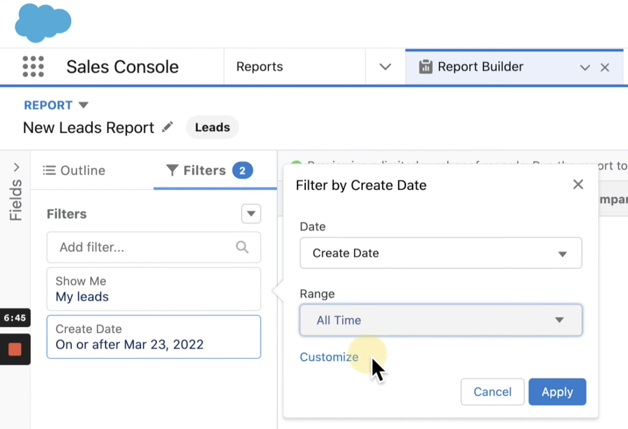 select any filters you might need when running your reports in the salesforce lightning experience 