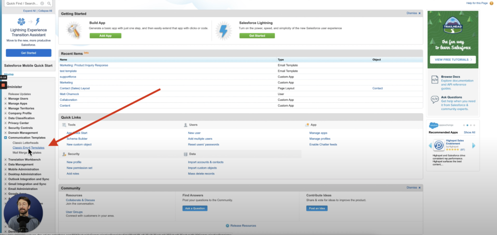 classic email template in salesforce classic setup homepage 