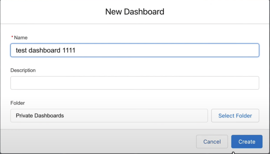 enter in all of the details of the new dashboard in salesforce 