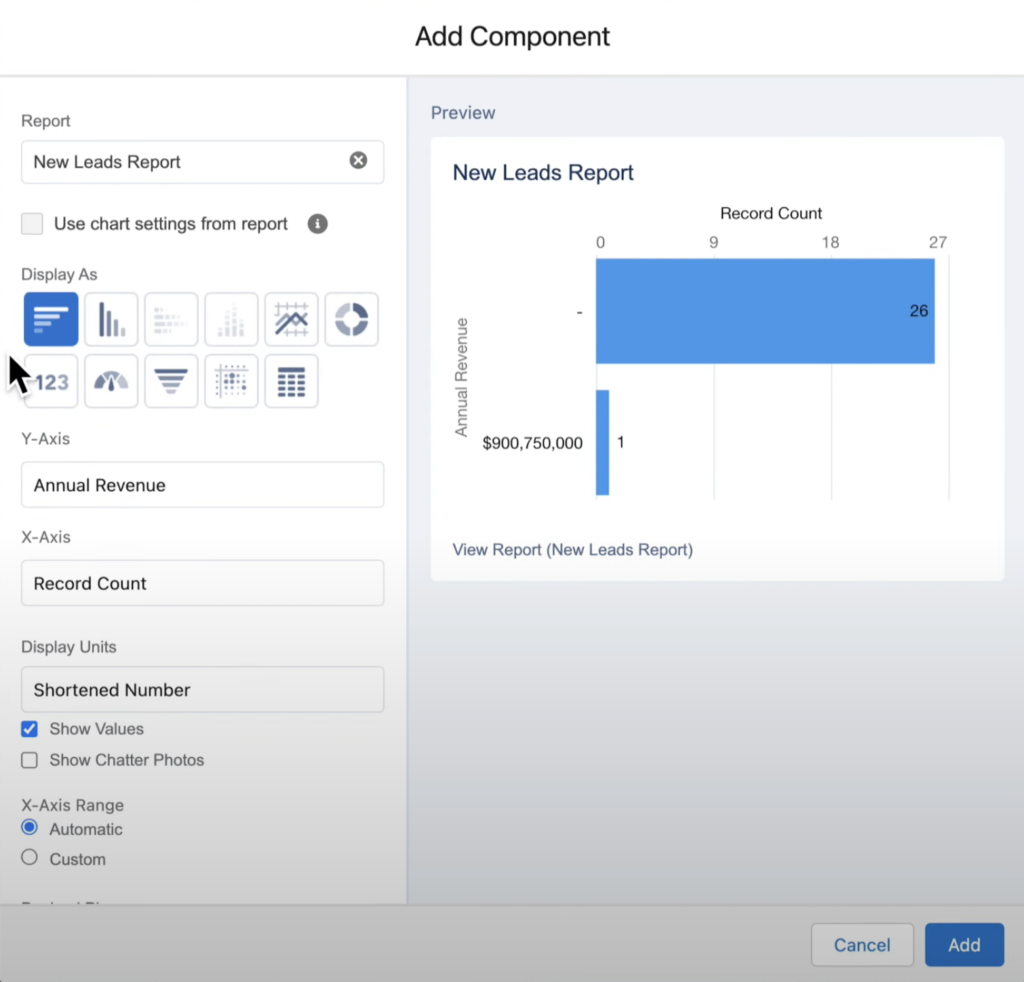 customize your dashboard by selecting the type of graphs and displays you want to use for your dashboard in the salesforce lightning experience 