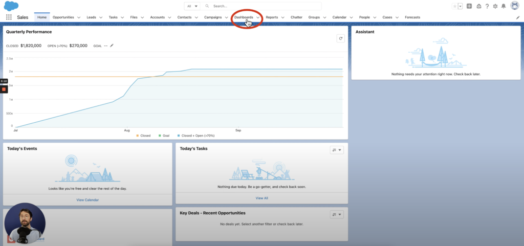 navigate to the dashboards tab from the homepage of sales in the salesforce lightning experience 