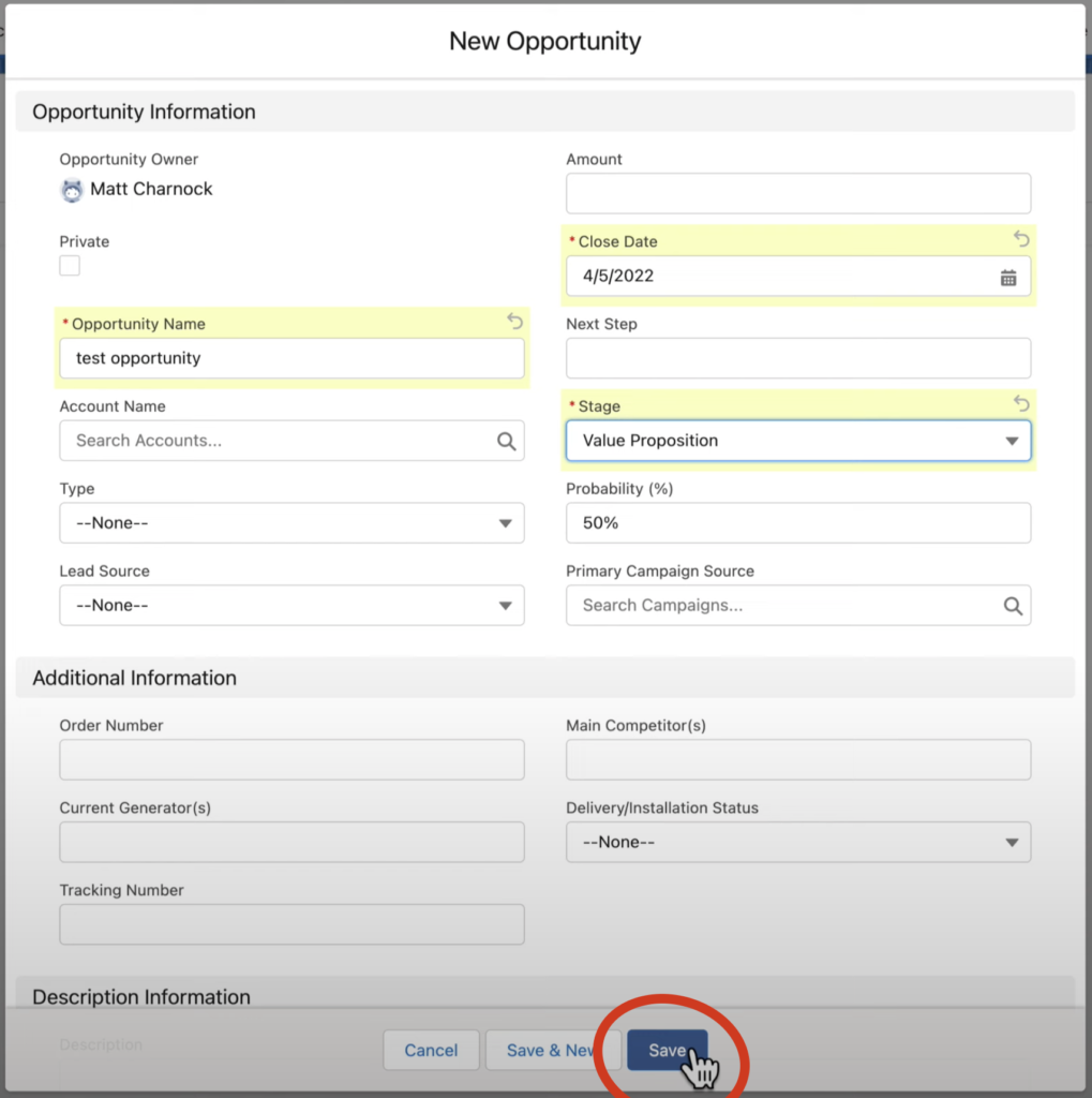 enter in all of the necessary details of the new opportunity in the salesforce lightning experience 