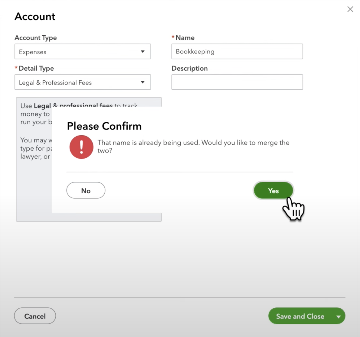 select confirm to merge accounts in quickbooks