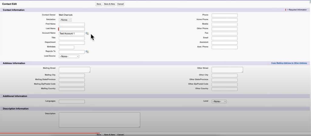 entering in all of the details of the new contact for a specific account in saleforce