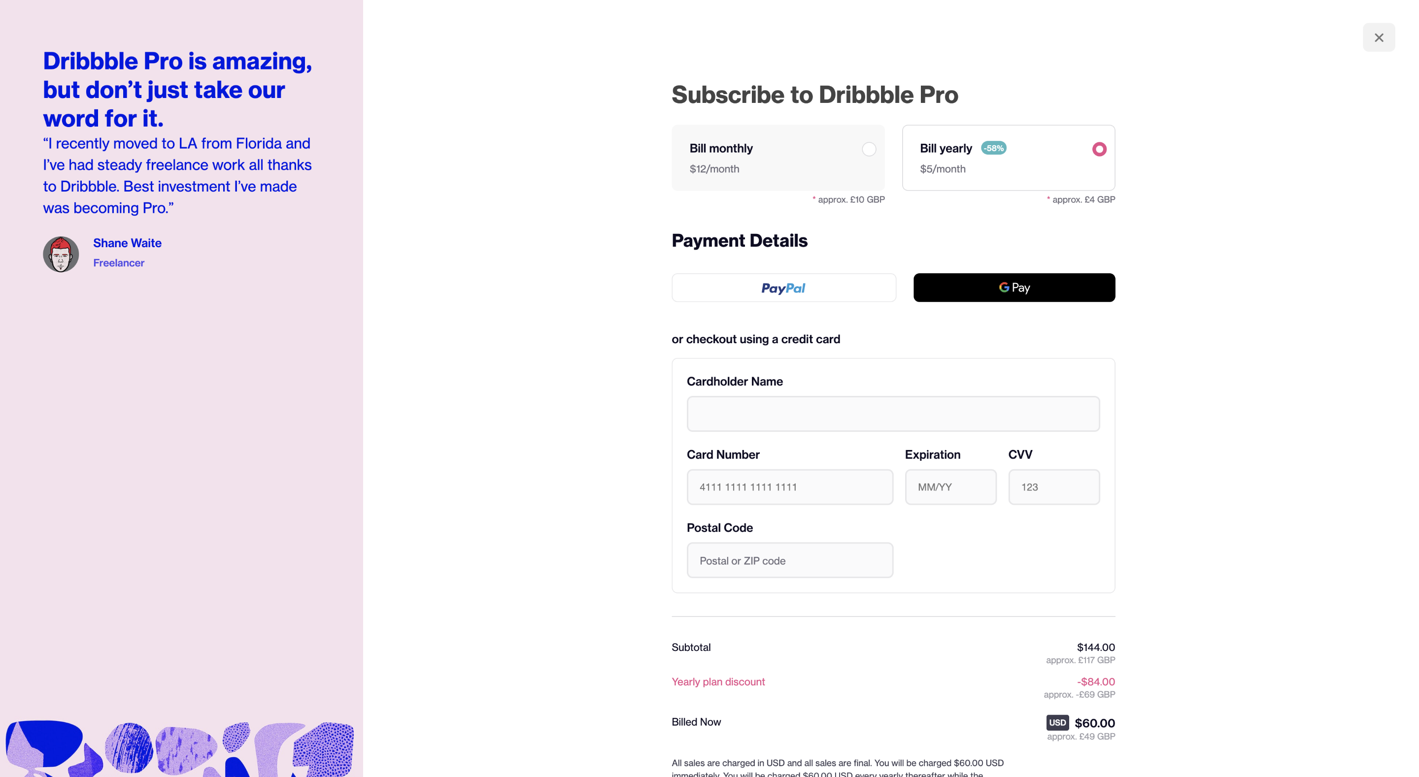 Dribbble Payment Page
