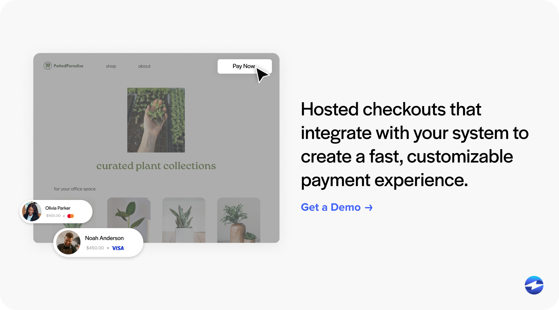 Hosted checkouts that integrate with your system to create a fast, customizable payment experience