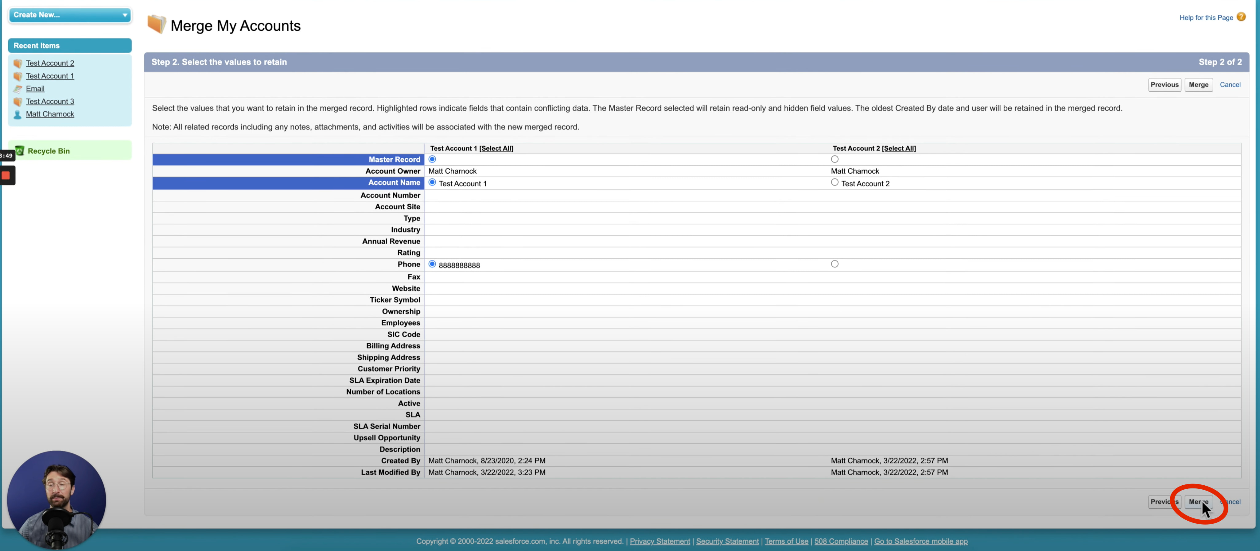 finishing up the process of merging accounts by selecting merge