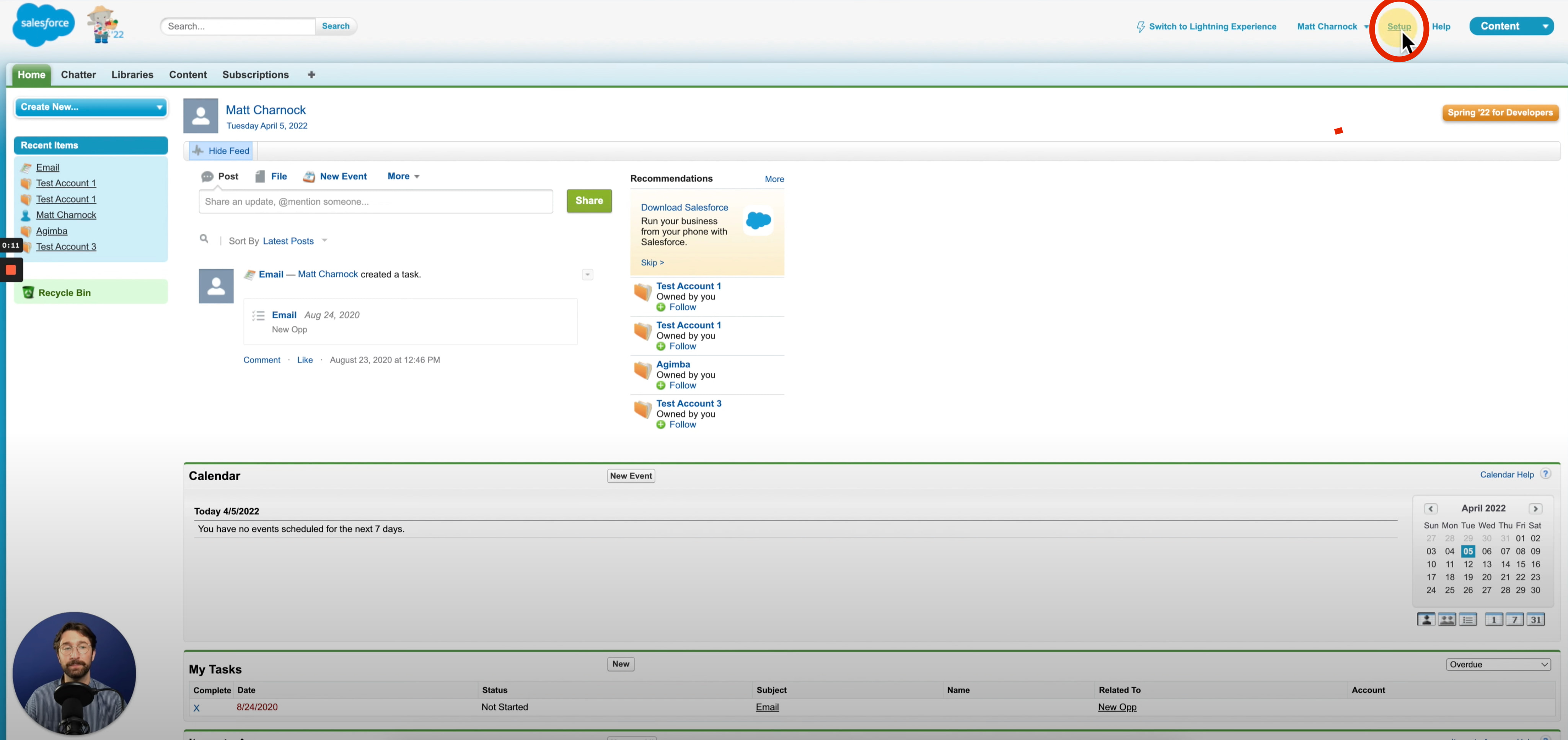 navigate to the top right of the screen to select setup in salesforce classic