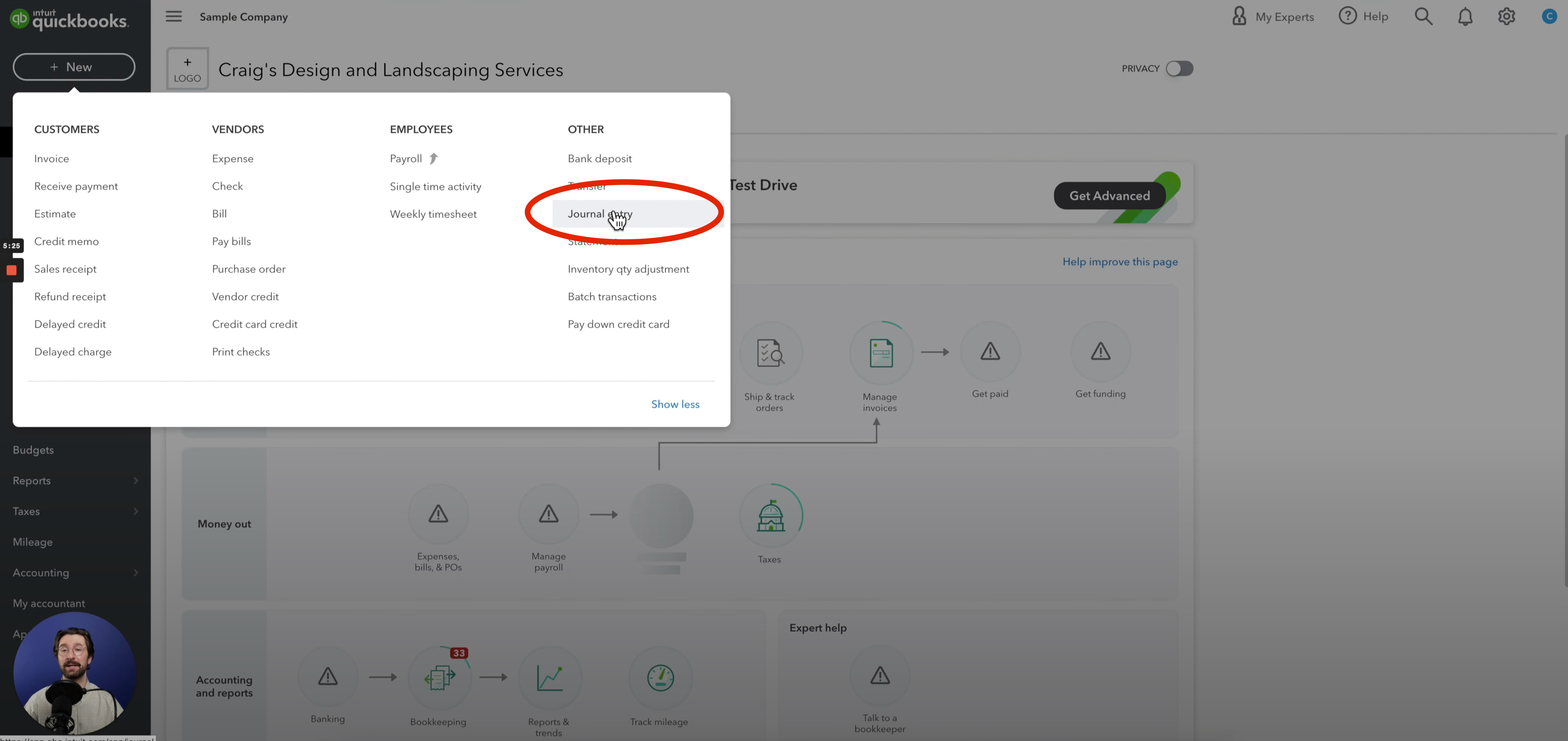 navigating to select a new journal entry from the quickbooks online main dashboard