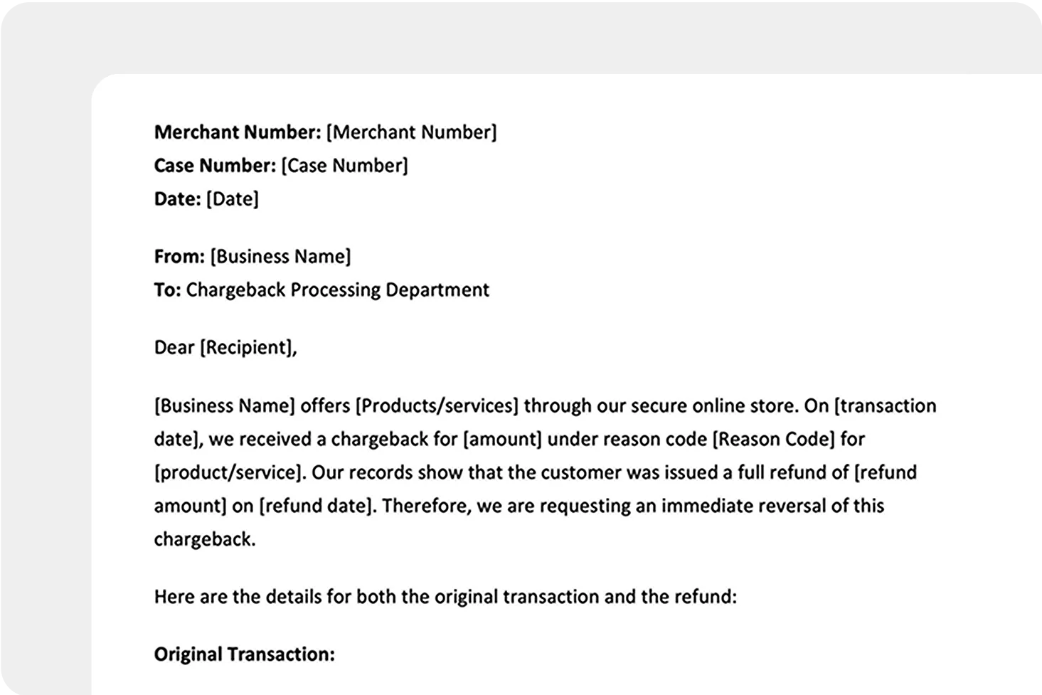 Chargeback template example