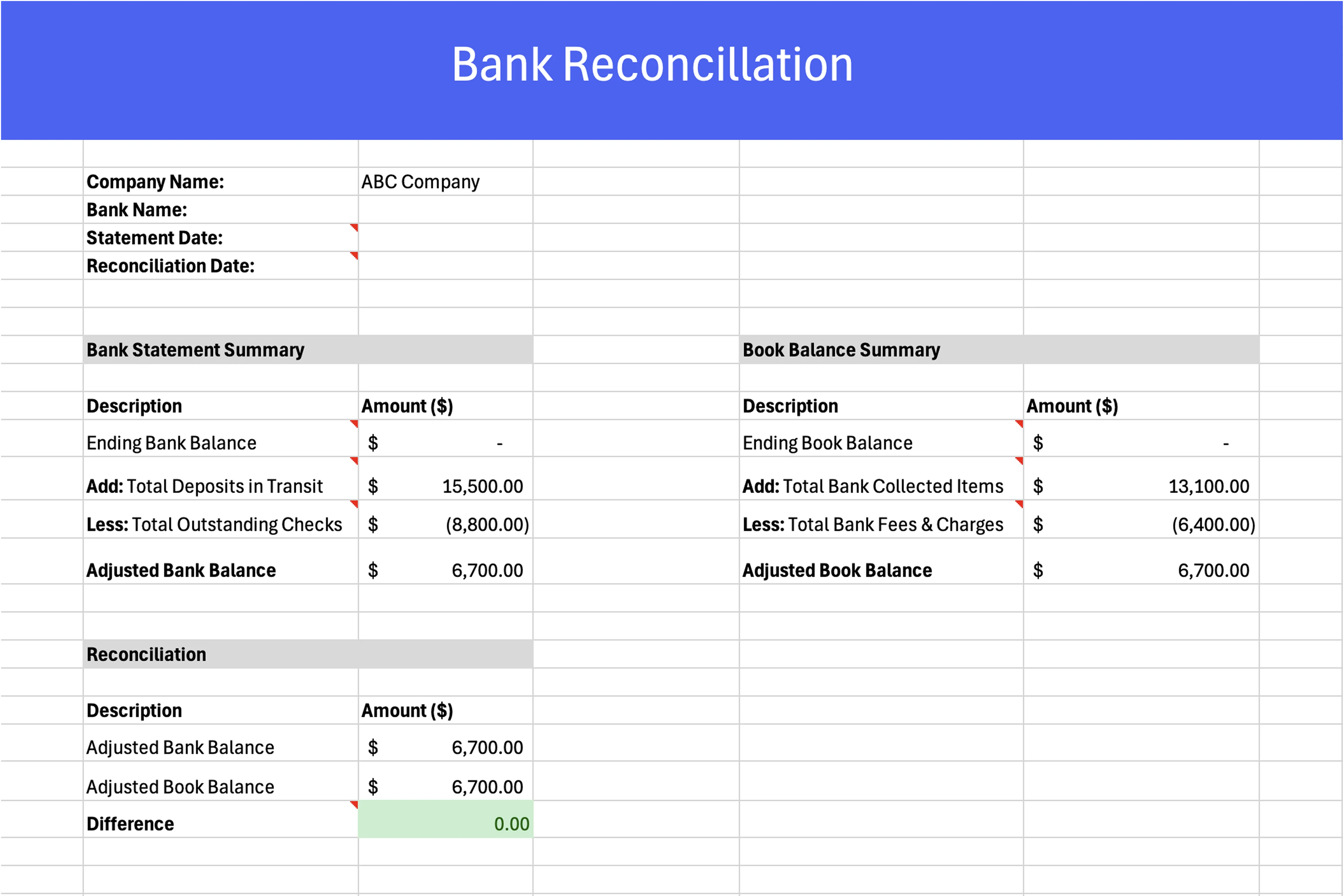 bank reconciliation template excel