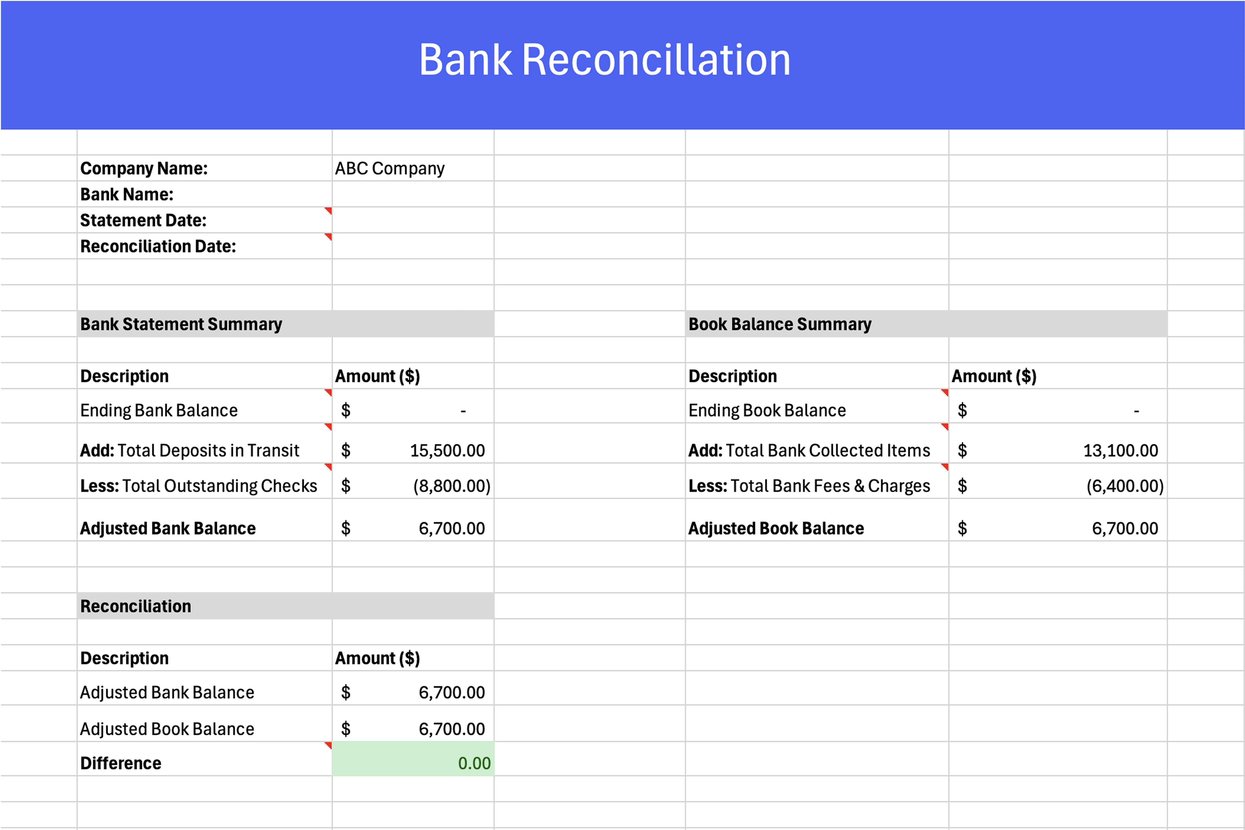 Excel Bank Reconciliation Template