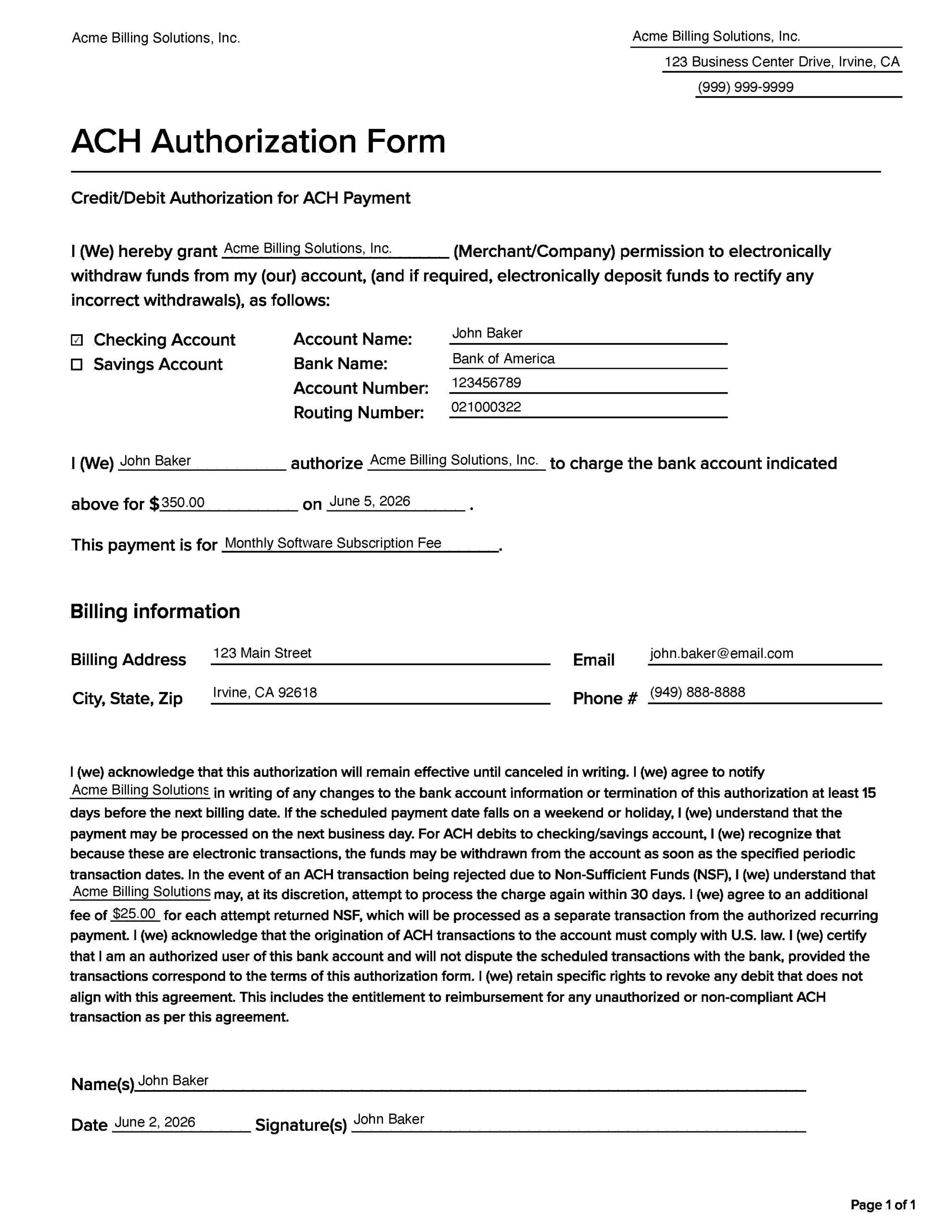 business ach authorization form template pdf