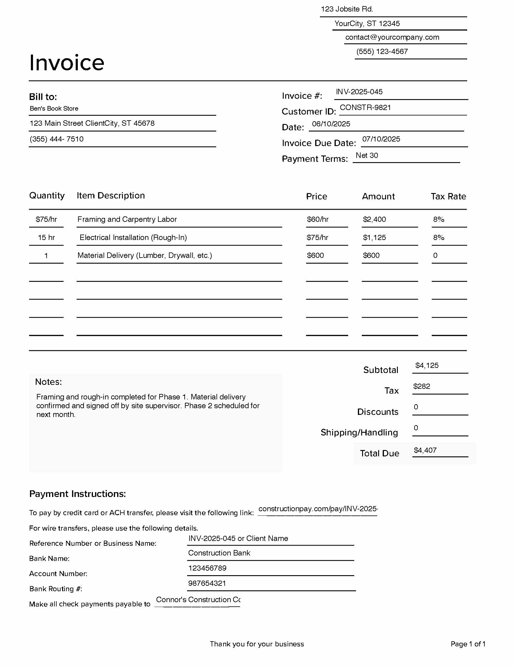 construction invoice template net 30 example