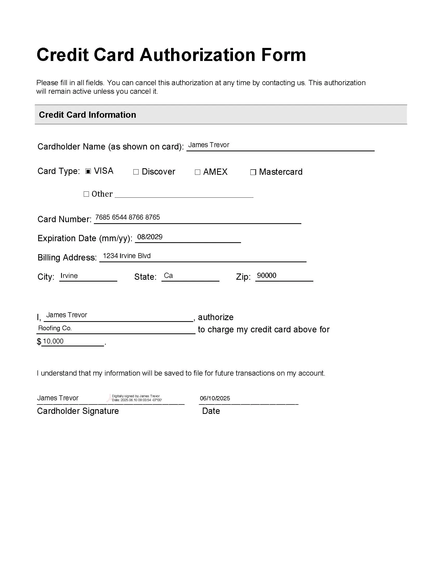 credit card authorization form template example