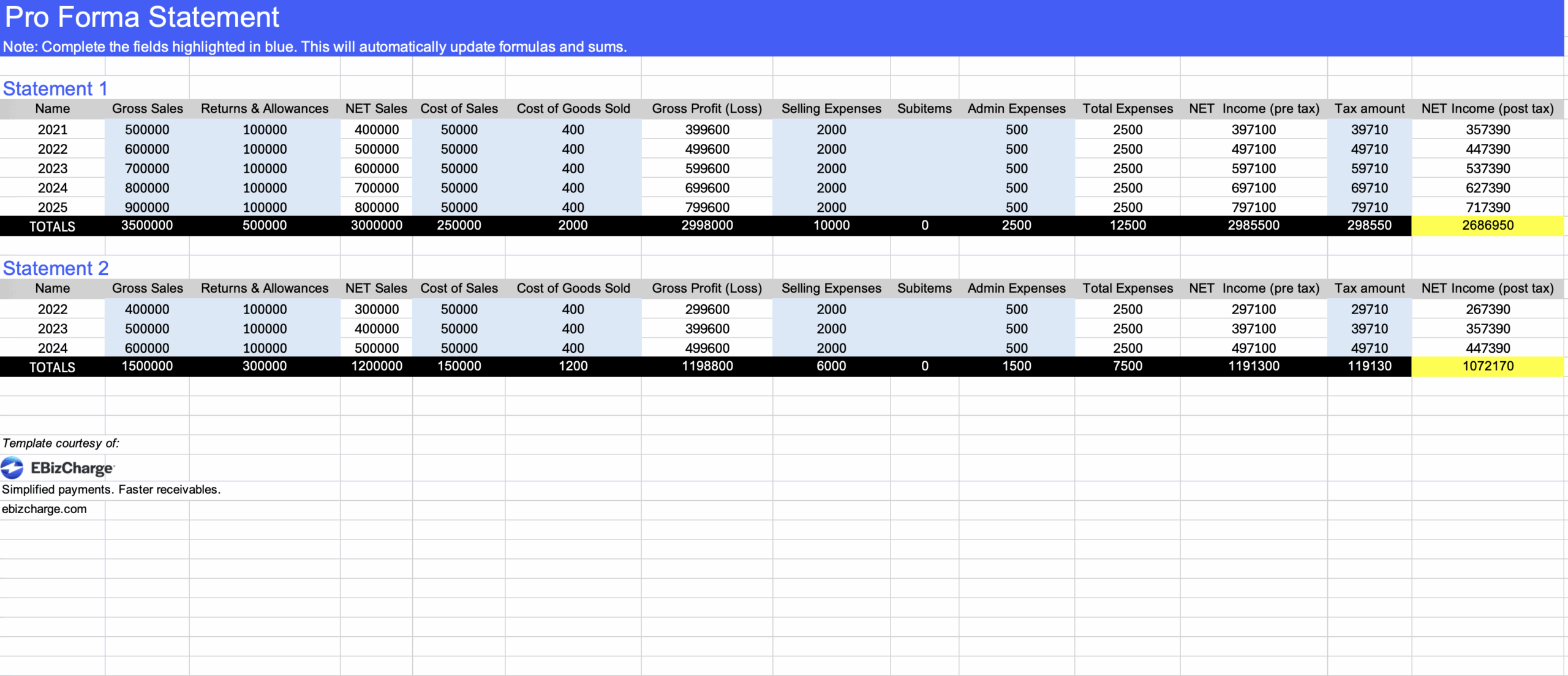pro forma income statement example