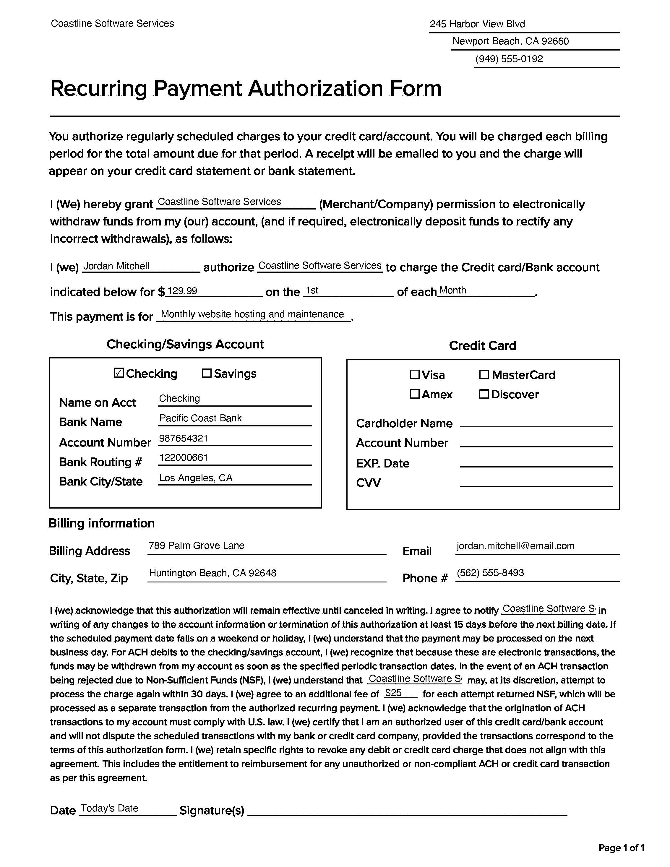 recurring credit card authorization form template
