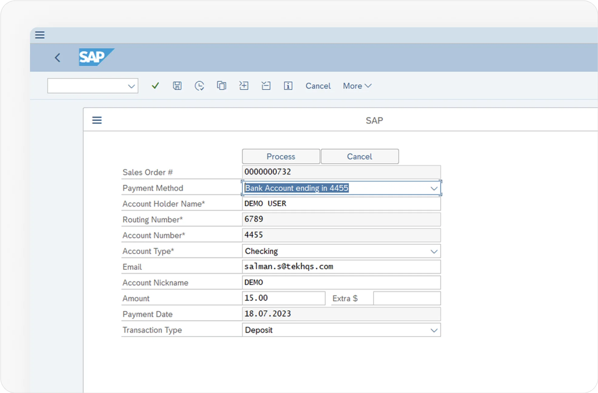 EBizCharge payment processing module open in SAP Business One