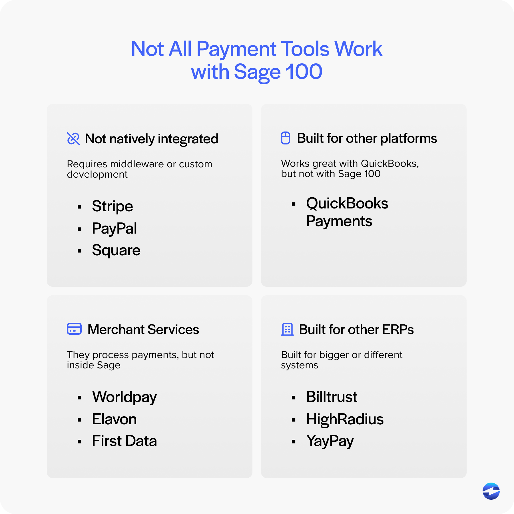 Not all payment tools integrate with sage 100