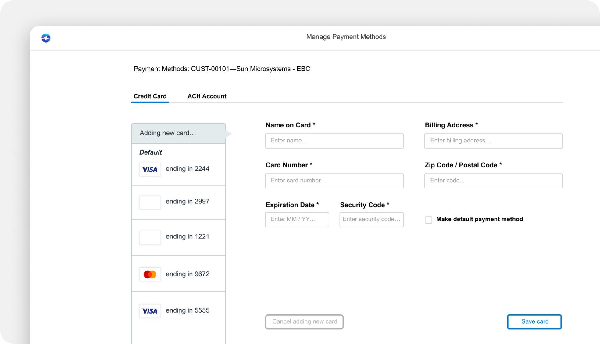 Securely manage sage intacct customer payment methods