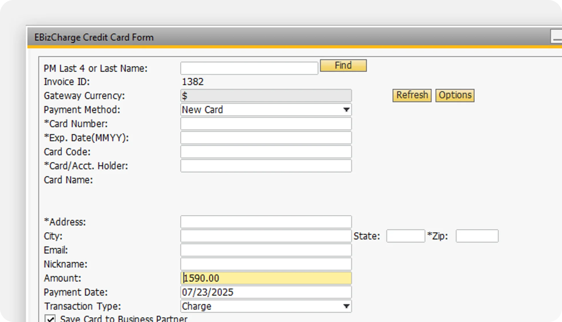 EBizCharge payment processing module open in SAP Business One