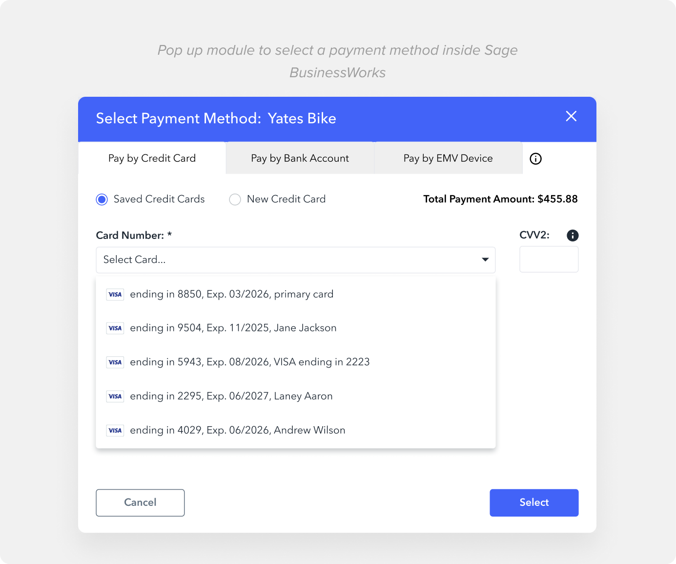 Sage payment screens appear natively