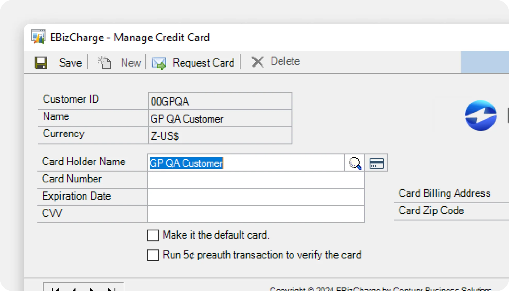 Saving a customer credit card inside Microsoft Dynamics GP
