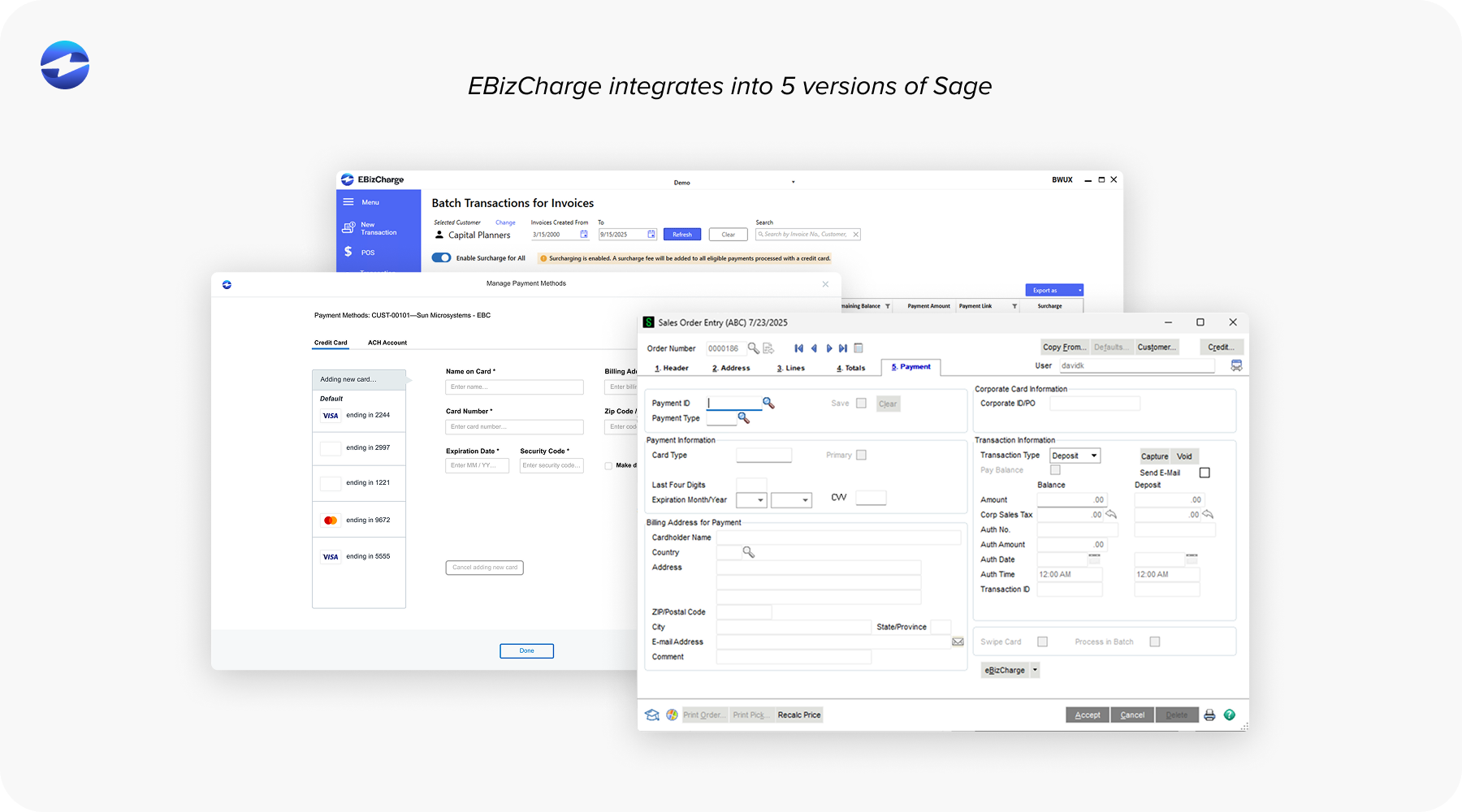 EBizCharge integrates into 5 versions of Sage