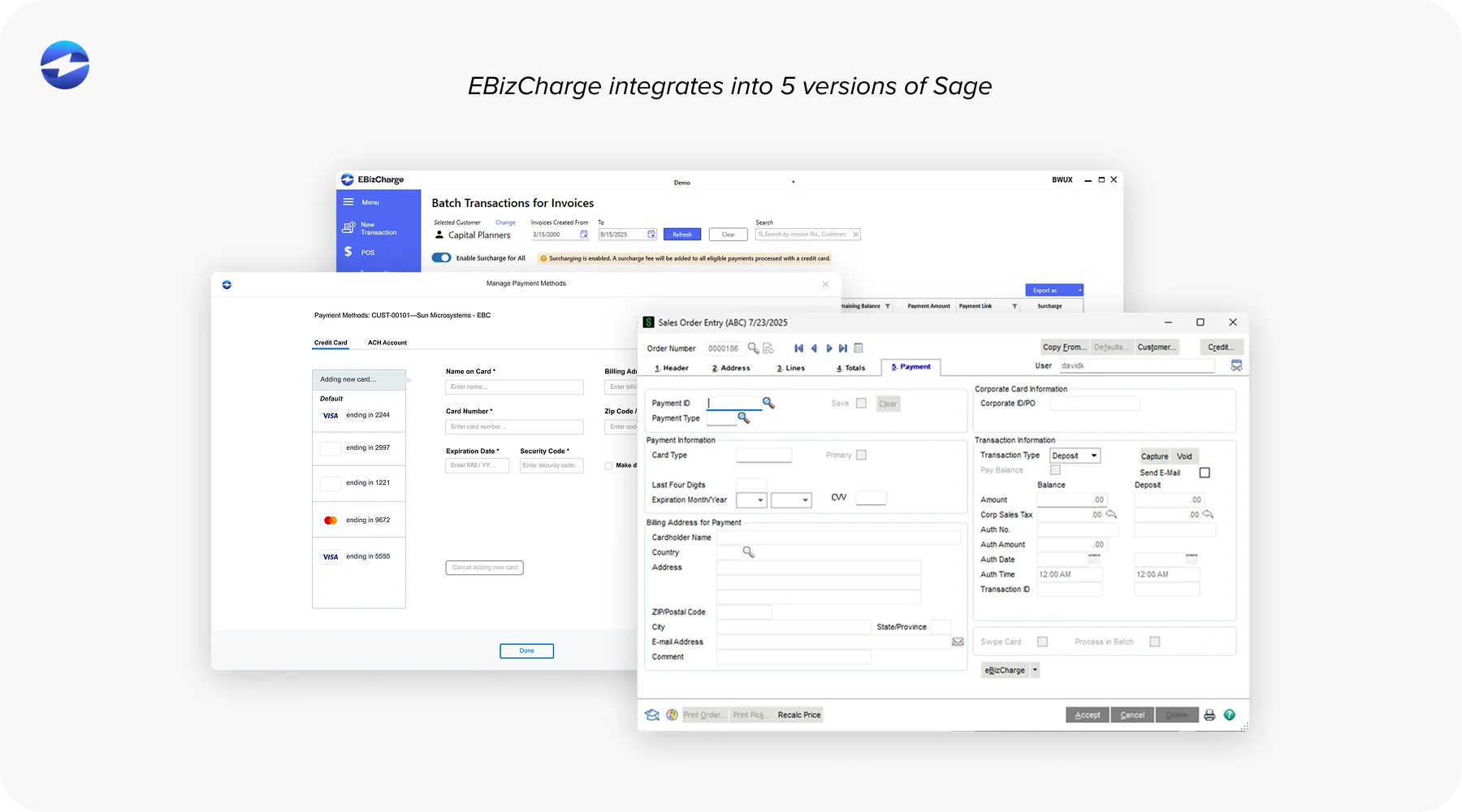 EBizCharge integrates into 5 versions of Sage