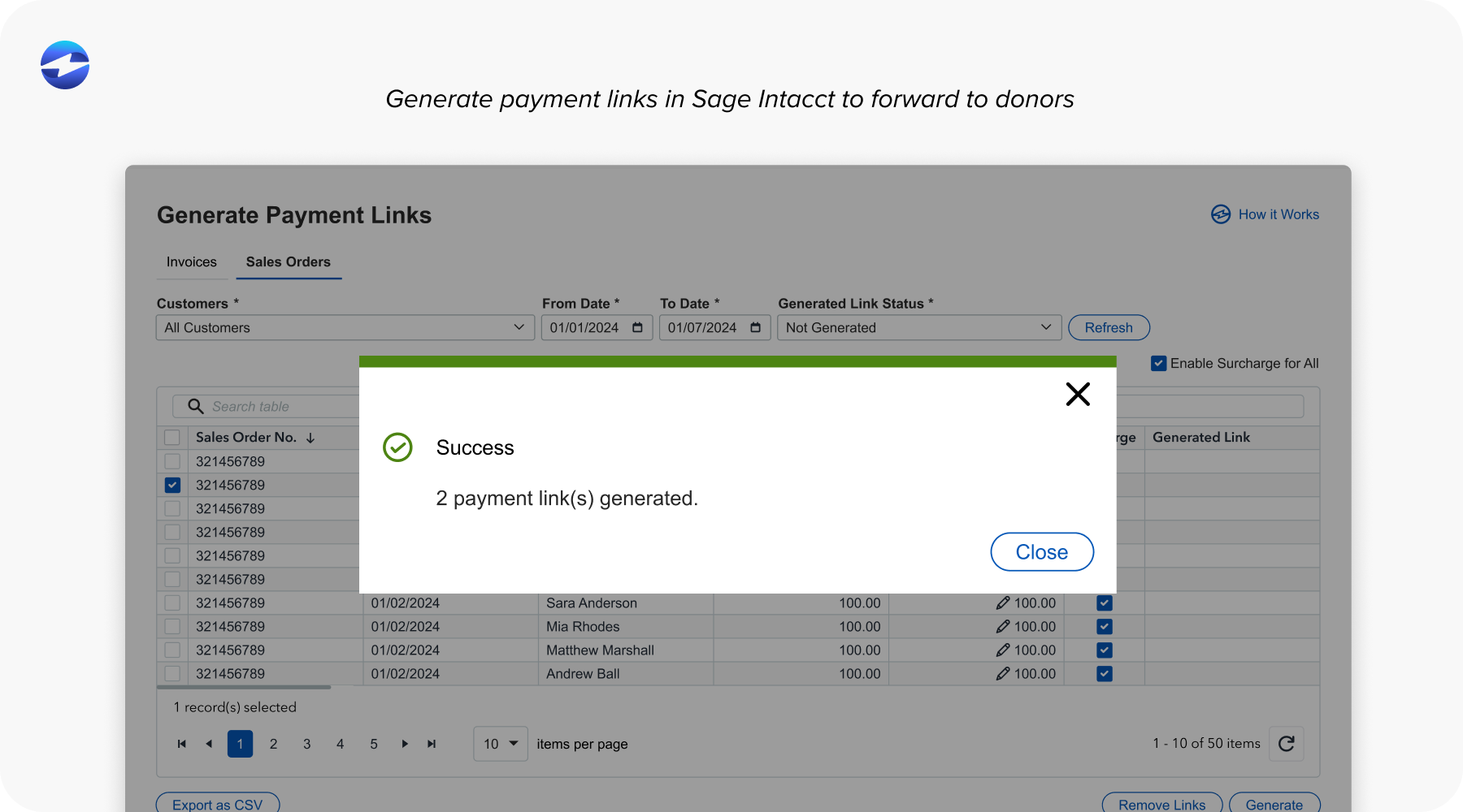 Generate payment links in Sage Intacct to forward to donors