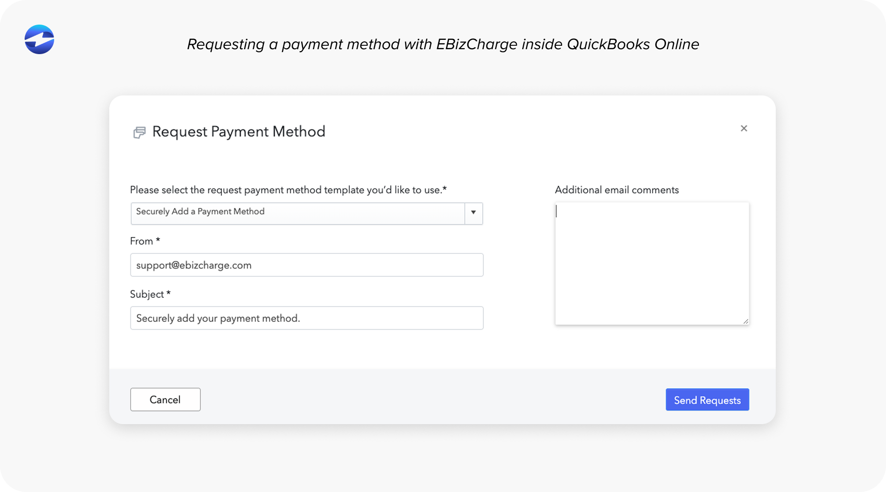 Requesting a payment method with EBizCharge inside QuickBooks Online