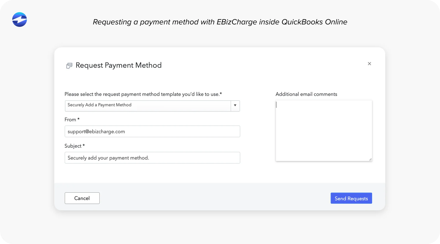 Requesting a payment method with EBizCharge inside QuickBooks Online