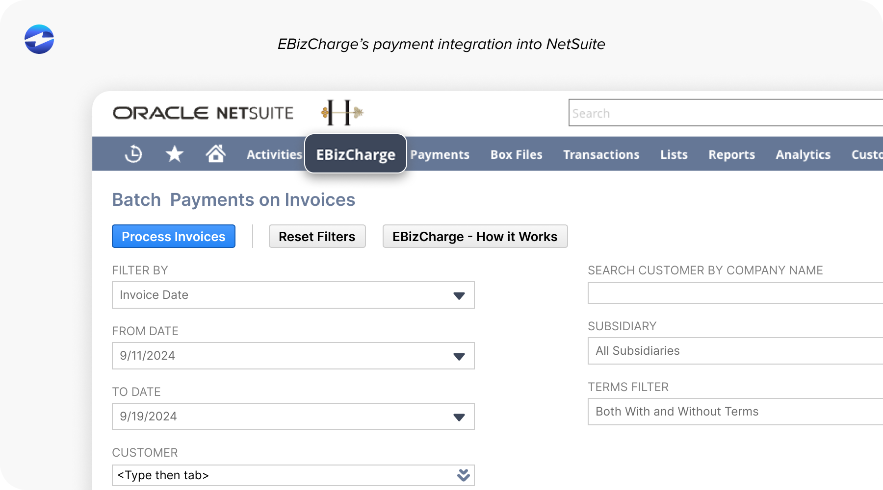 EBizCharge's payment integration into NetSuite