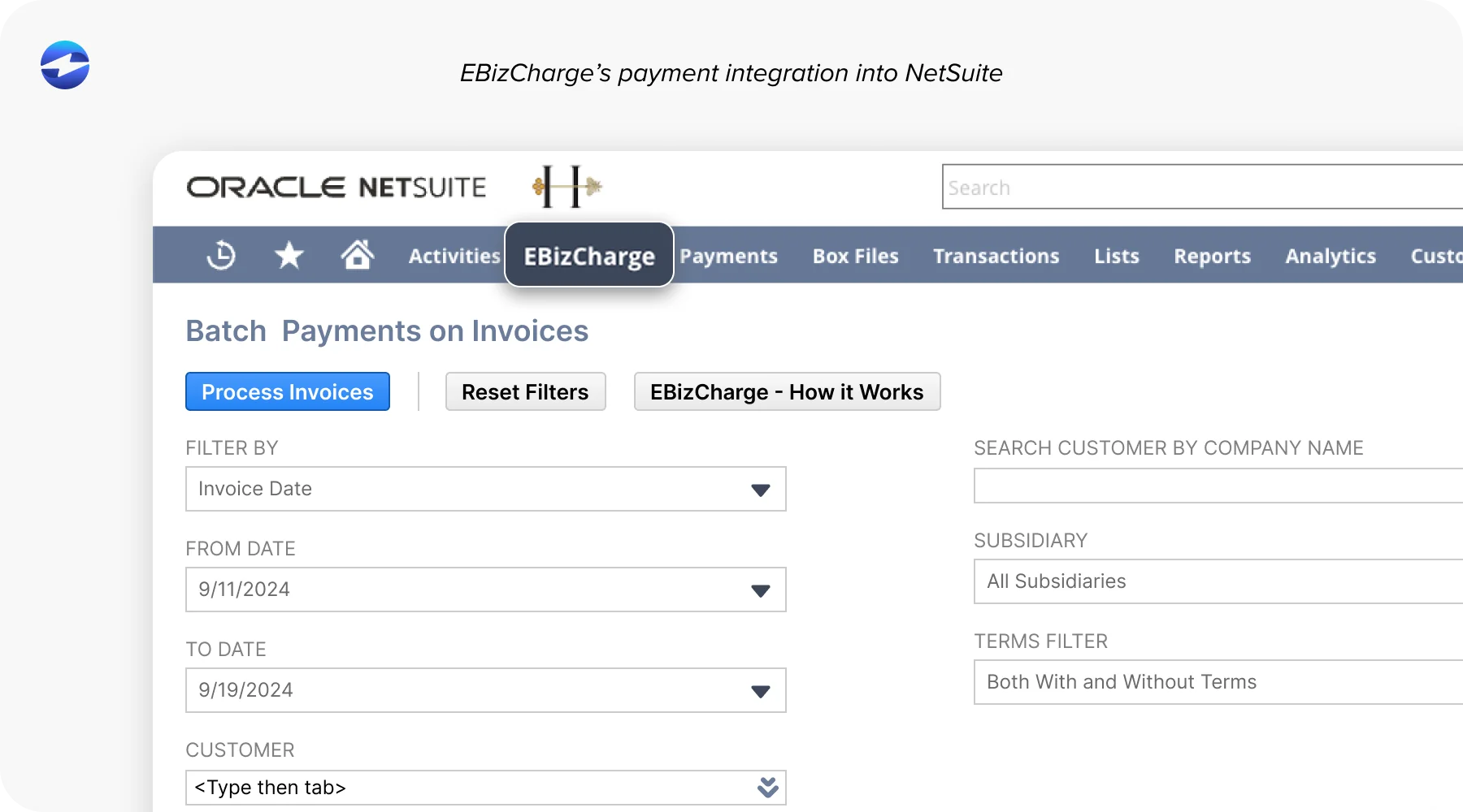 EBizCharge's payment integration into NetSuite