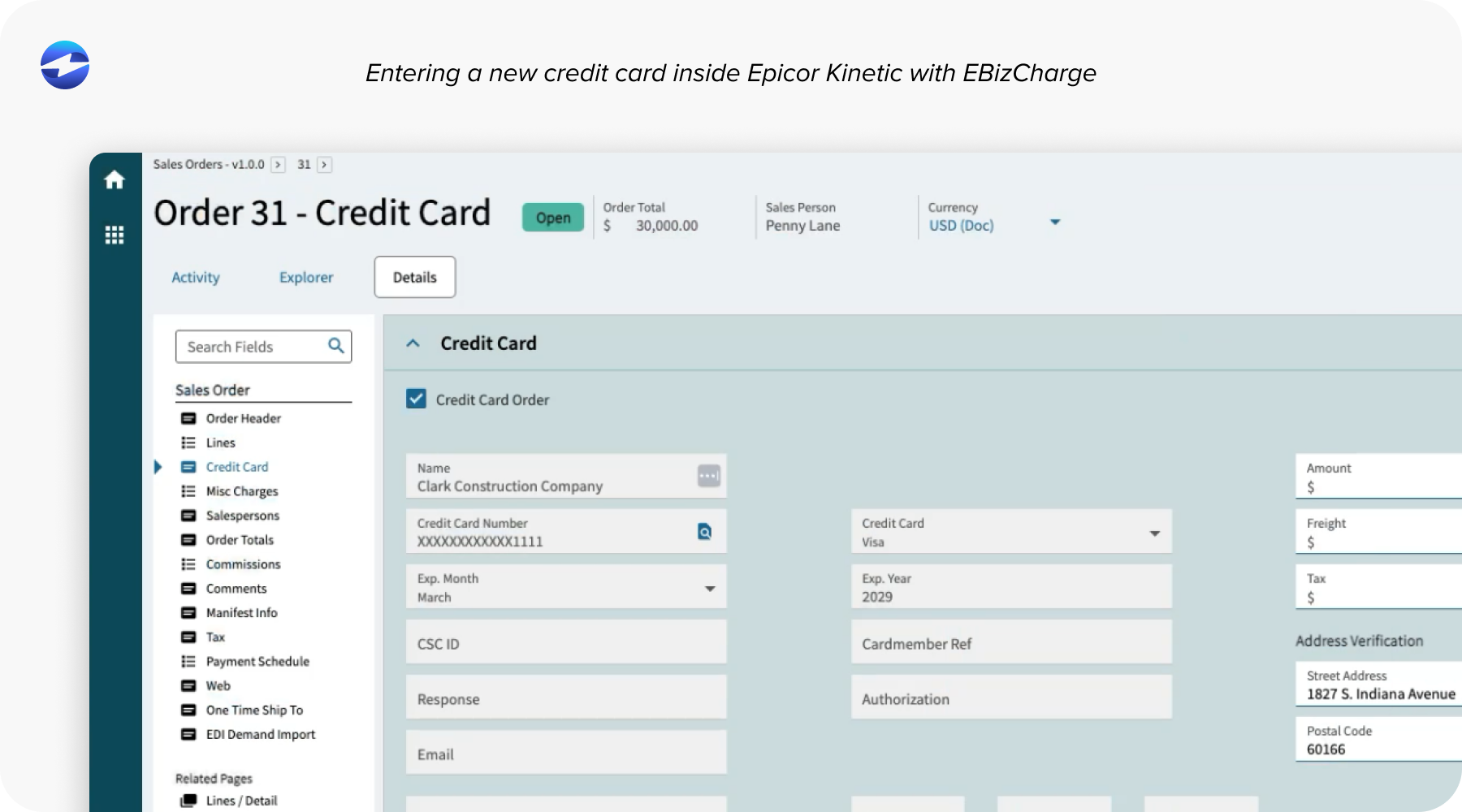 Entering a new credit card inside Epicor Kinetic with EBizCharge