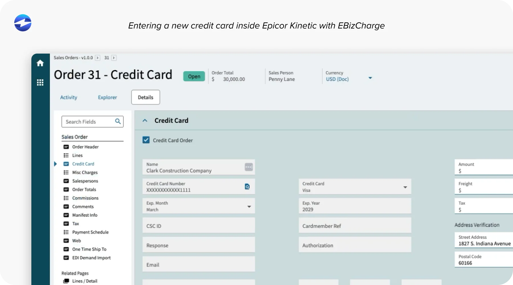 Entering a new credit card inside Epicor Kinetic with EBizCharge