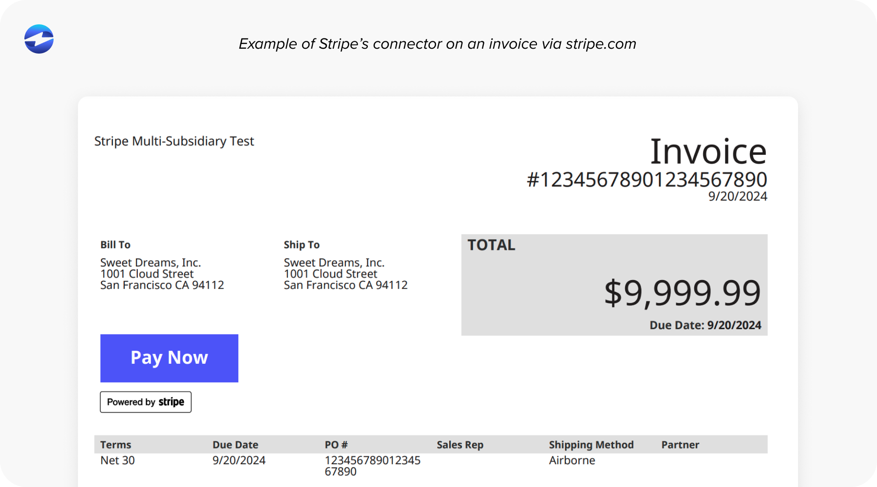 Example of Stripe’s connector on an invoice via stripe.com