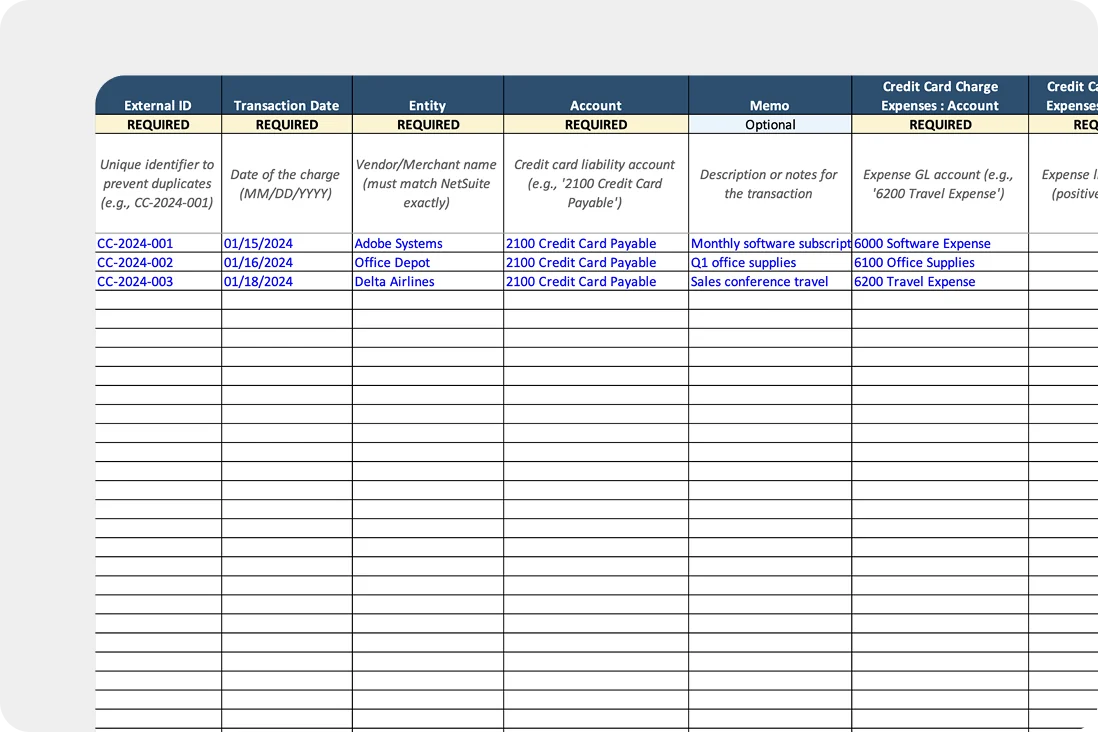 Netsuite Credit card import template sidebar