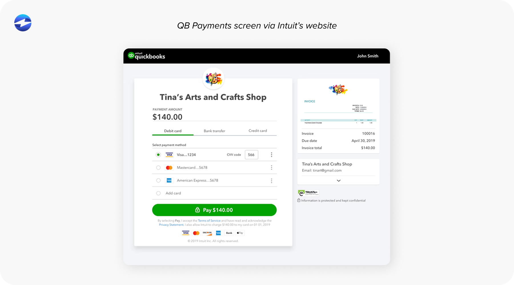 QB Payments screen via Intuit’s website
