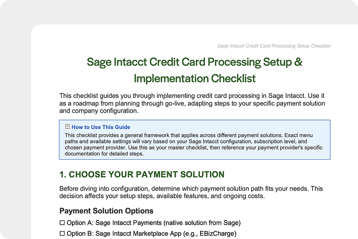 Sage Intacct Credit Card Processing Setup Checklist