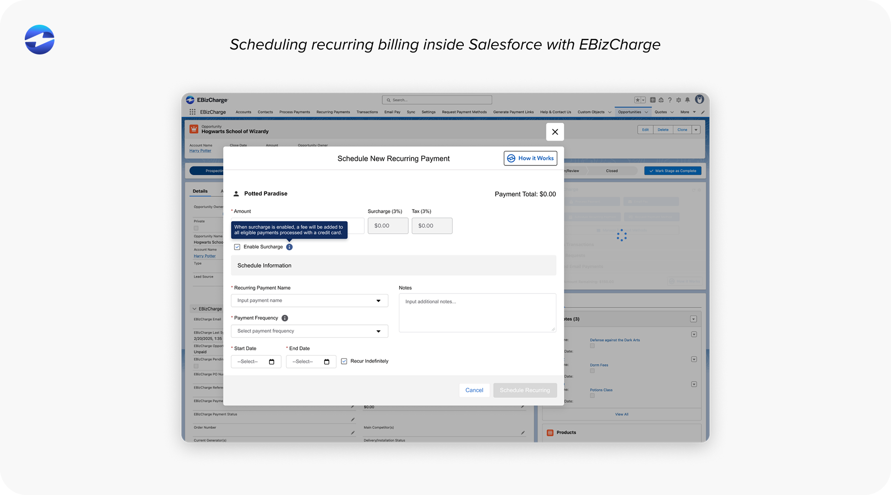 Scheduling recurring billing inside Salesforce with EBizCharge