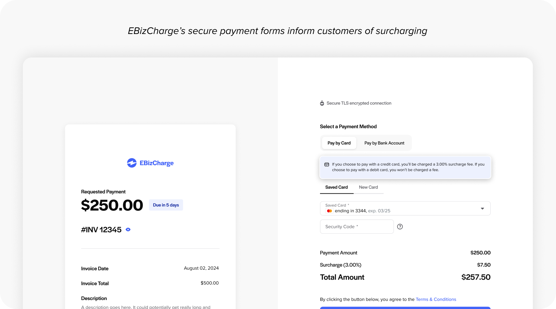 EBizCharge’s secure payment forms inform customers of surcharging