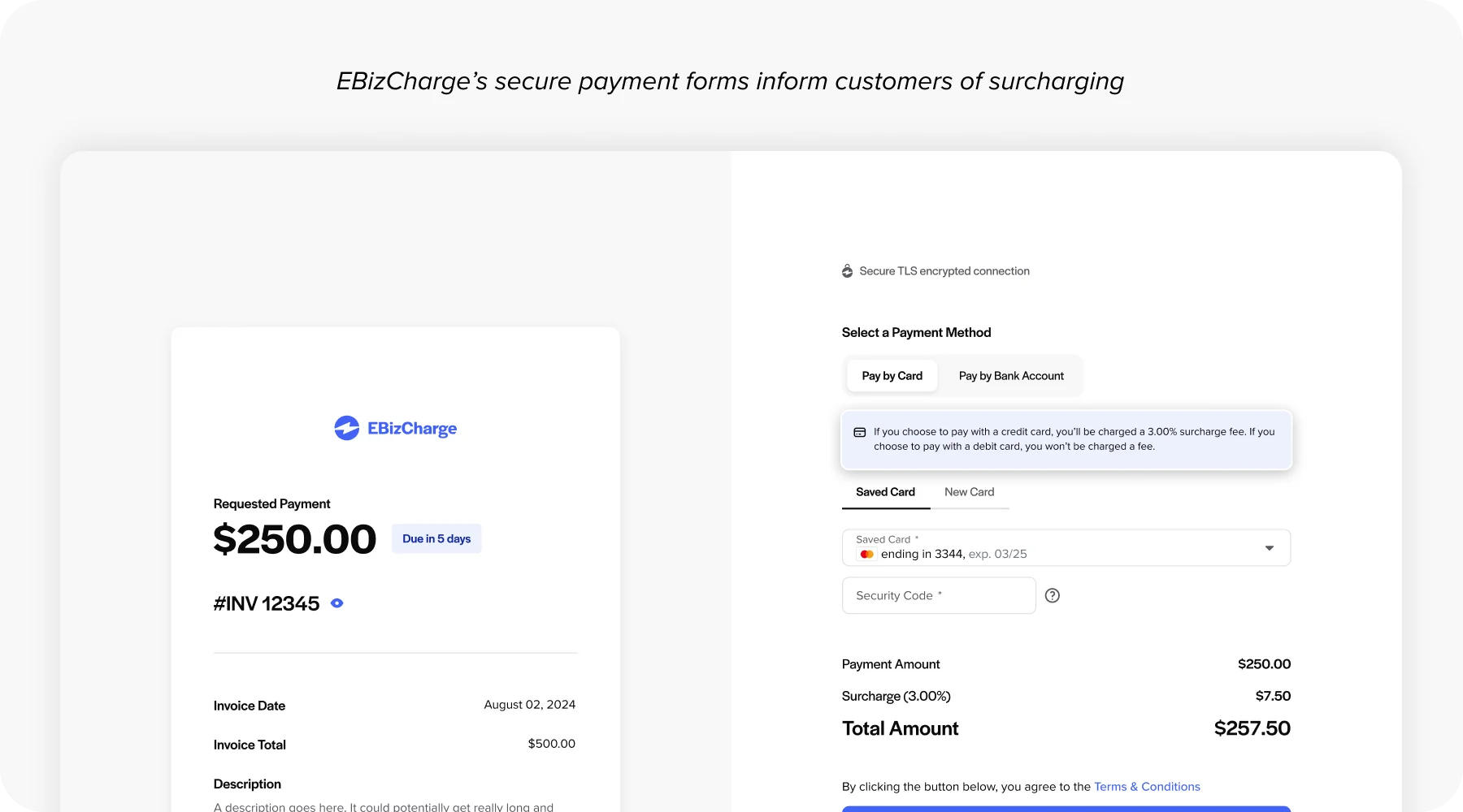 EBizCharge’s secure payment forms inform customers of surcharging