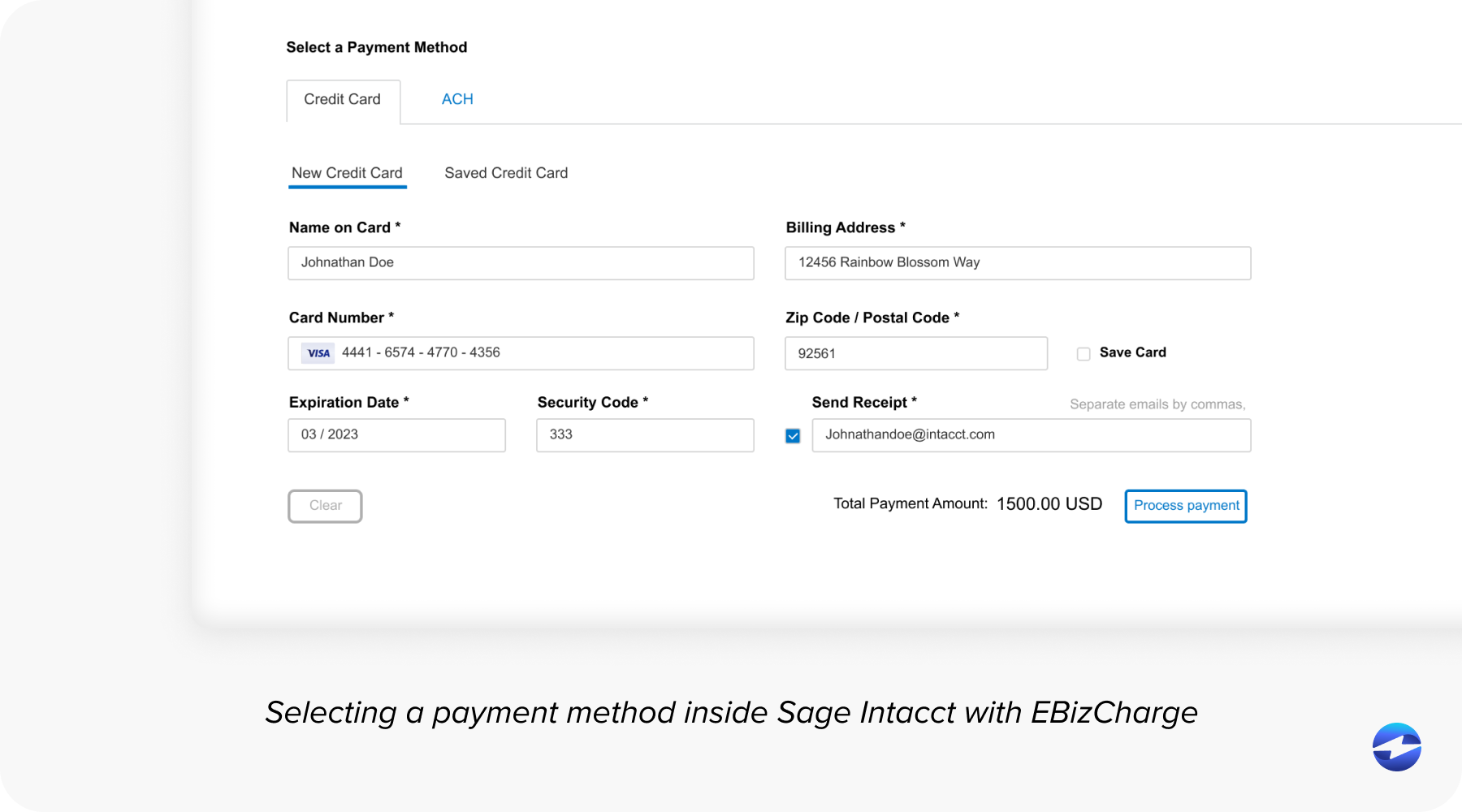 Selecting a payment method inside Sage Intacct with EBizCharge