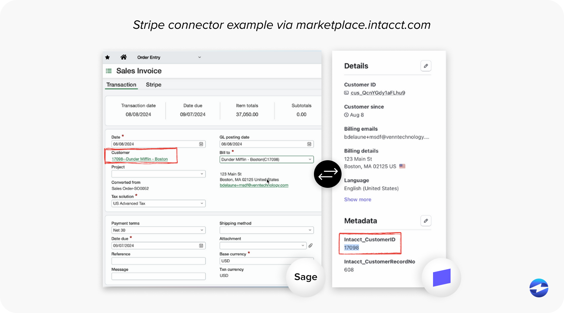 Stripe connector example via marketplace.intacct.com